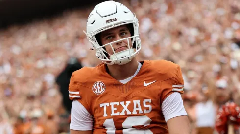 Arch Manning of the Texas Longhorns reacts after rushing for a touchdown.
