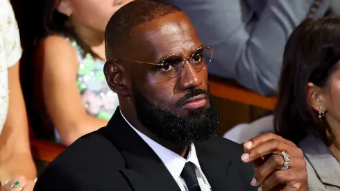 LeBron James looks on during the 2025 Basketball Hall of Fame Enshrinement Ceremony.