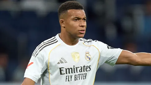 Kylian Mbappe of Real Madrid reacts during the LaLiga EA Sports match.