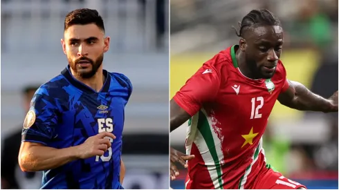 Alex Roldán #15 of El Salvador and Leo Abena #12 of Suriname.