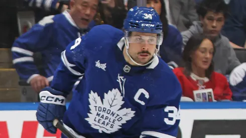 Auston Matthews skates with the puck during a 2025 Stanley Cup Playoffs game.