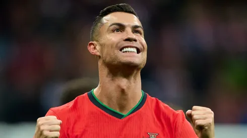 Cristiano Ronaldo reacts after scoring a goal.