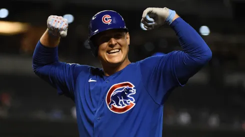 Anthony Rizzo #44 of the Chicago Cubs celebrates after hitting a solo home run in 2021.