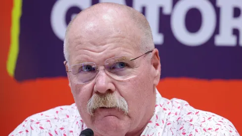 Andy Reid addresses the media during Super Bowl LIX.