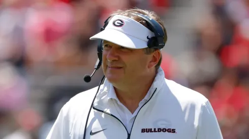 Kirby Smart at Sanford Stadium on April 12, 2025 in Athens, Georgia.