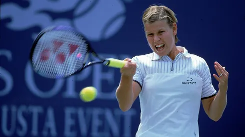 Anke Huber of Germany returns the ball during a match in the US Open.