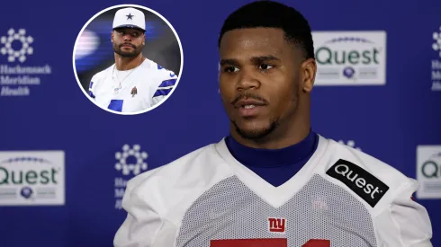 Abdul Carter #51 of the New York Giants and Dak Prescott #4 of the Dallas Cowboys.