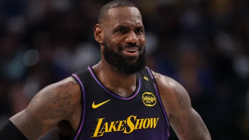 LeBron James #23 of the Los Angeles Lakers looks on during the first quarter against the Dallas Mavericks.