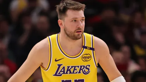 Luka Doncic #77 of the Los Angeles Lakers looks on against the Chicago Bulls.