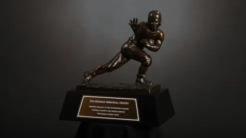 A detailed view of the Heisman Memorial Trophy on January 05, 2021.