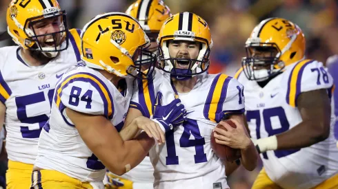 Trent Domingue #14 of the LSU Tigers celebrates after scoring a touchdown in 2015.
