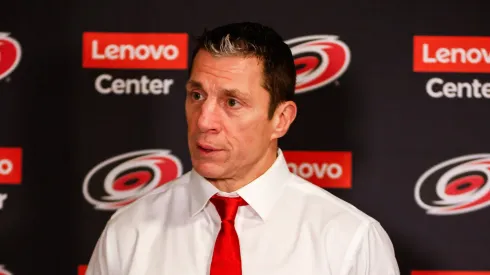Rod Brind'Amour at Lenovo Center on January 09, 2025 in Raleigh, North Carolina.