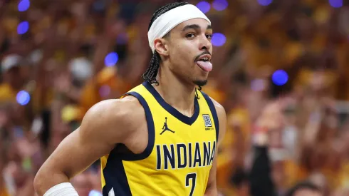 Andrew Nembhard #2 of the Indiana Pacers reacts during the NBA Finals.