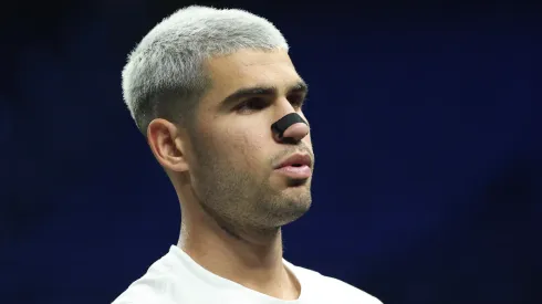 Carlos Alcaraz looks on during a practice session.