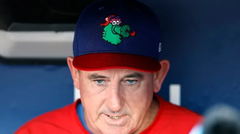 Rob Thomson speaks with the media before a game vs the Dodgers on September 15, 2025 in California.