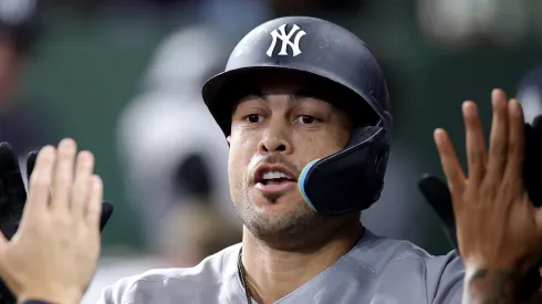 Giancarlo Stanton reacts in the dugout after a solo home run vs the Astros on September 03, 2025 in Houston.