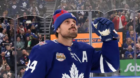 Auston Matthews #34 of the Toronto Maple Leafs during 2024 NHL All-Star at Scotiabank Arena.