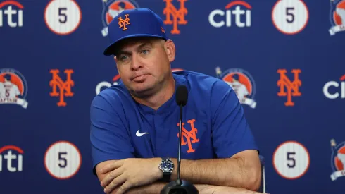 Manager Carlos Mendoza of the New York Mets speaks to media before the game.