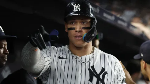 Aaron Judge #99 of the New York Yankees celebrates after hitting a two run home run against the Baltimore Orioles.
