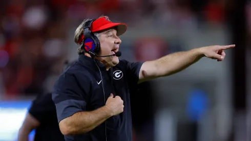 Kirby Smart calls out instructions during the game vs Alabama on September 27, 2025, Georgia.