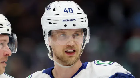 Elias Pettersson at Climate Pledge Arena on March 01, 2025 in Seattle, Washington.