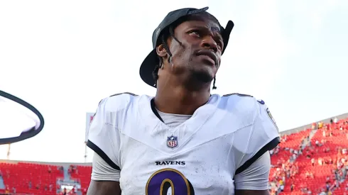 Lamar Jackson #8 of the Baltimore Ravens leaves the field.