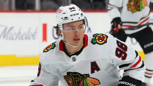 Connor Bedard #98 of the Chicago Blackhawks against the Detroit Red Wings in Detroit, Michigan.