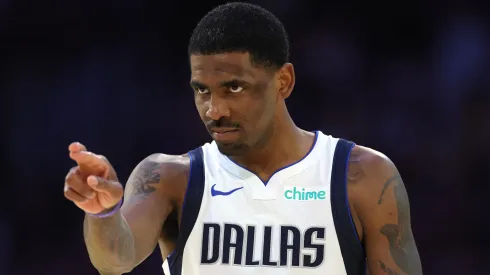 Kyrie Irving #11 of the Dallas Mavericks looks on.