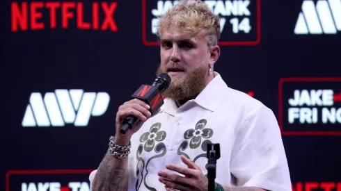 Jake Paul speaks at a news conference about his exhibition match with Gervonta "Tank" Davis.