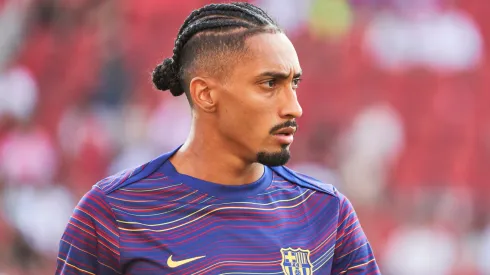 Raphinha of FC Barcelona looks on during the warm up.