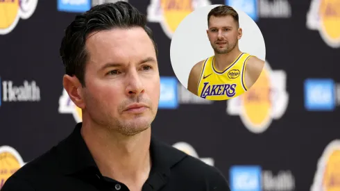 Head coach JJ Redick and Luka Doncic #77 of the Los Angeles Lakers.