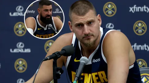 Nikola Jokic and Jonas Valanciunas of the Denver Nuggets.