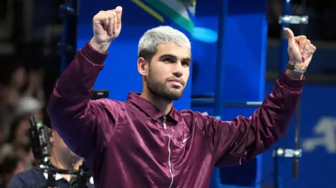 Carlos Alcaraz of Spain celebrates victory at the Japan Open.