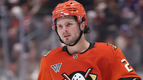 Mason McTavish #23 of the Anaheim Ducks looks on during an NHL game.