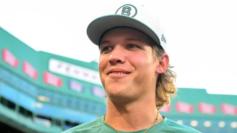 Connelly Early #71 of the Boston Red Sox talks with the media.