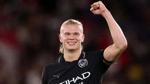 Erling Haaland celebrates after scoring for Manchester City.