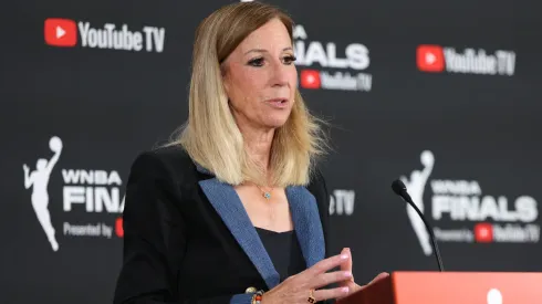 WNBA Commissioner Cathy Engelbert speaks to the media.