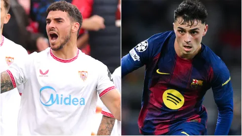 Isaac Romero of Sevilla FC and Pedri of FC Barcelona.