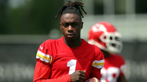 Wide receiver Xavier Worthy #1 of the Kansas City Chiefs