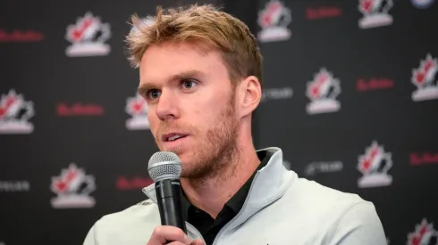 Connor McDavid speaks to media.