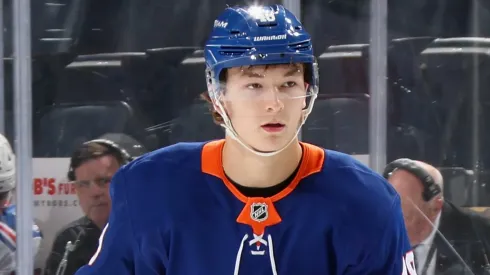 Matthew Schaefer #48 of the New York Islanders skates against the New York Rangers on September 29, 2025.
