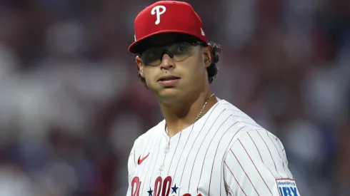 Jesus Luzardo #44 of the Philadelphia Phillies walks to the dugout after a pitching change during the seventh inning.
