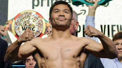 Manny Pacquiao poses during a ceremonial weigh-in at MGM Grand Garden Arena on July 18, 2025 in Las Vegas,