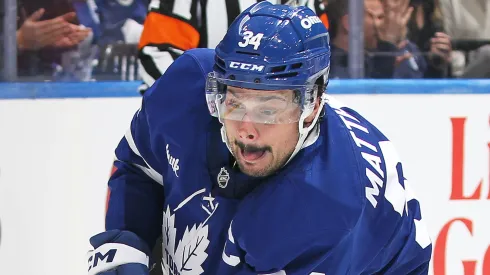 Auston Matthews leads the Maple Leafs on the ice.