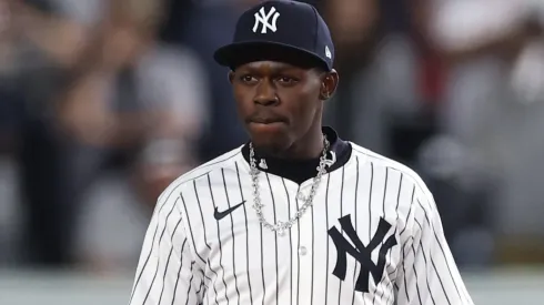 Jazz Chisholm Jr. #13 of the New York Yankees looks on during the seventh inning against the Toronto Blue Jays.