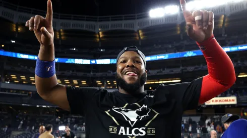 Vladimir Guerrero Jr. #27 of the Toronto Blue Jays celebrates on the field after the Blue Jays defeated the New York Yankees.