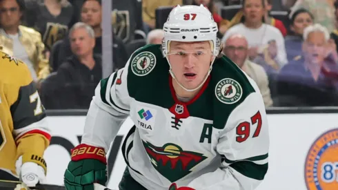 Kirill Kaprizov fires a shot during an NHL game.