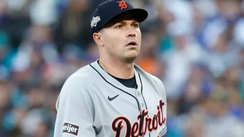Tarik Skubal #29 of the Detroit Tigers looks on against the Seattle Mariners during the Division Series.