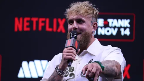 Jake Paul speaks at a news conference about his exhibition match with Gervonta "Tank" Davis,