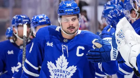 Auston Matthews #34 of the Maple Leafs celebrates his third period goal vs Canadiens.